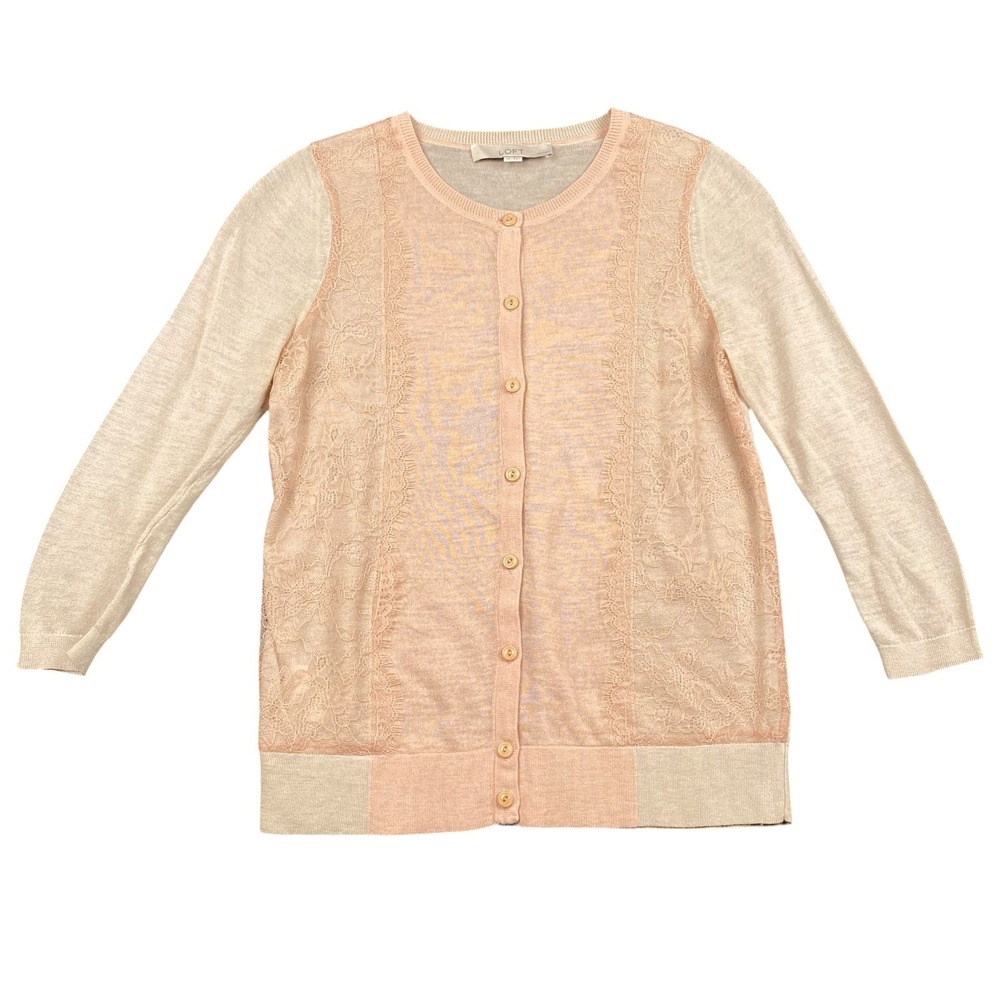 LOFT Petite‎ SP Peach Cream Lace Front Button Up Knit Cardigan Sweater 819